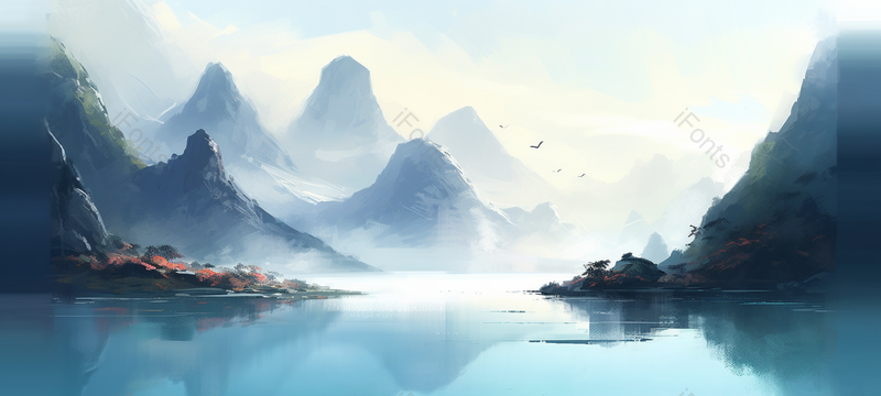 蓝色山水画,简约意境手绘山水,插画/手绘图,插画/手绘图库,插画/手绘图下载,插画/手绘